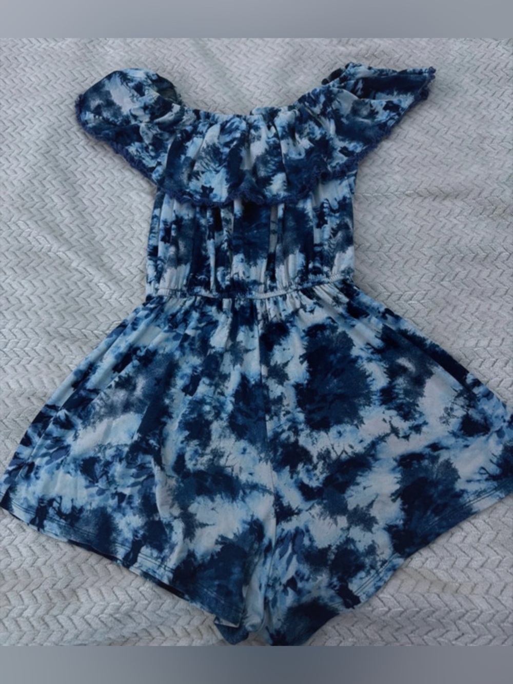 VHC- 8-10 Off-Shoulder Tie-Dye Romper in Navy & White tie-dyed summer dress
